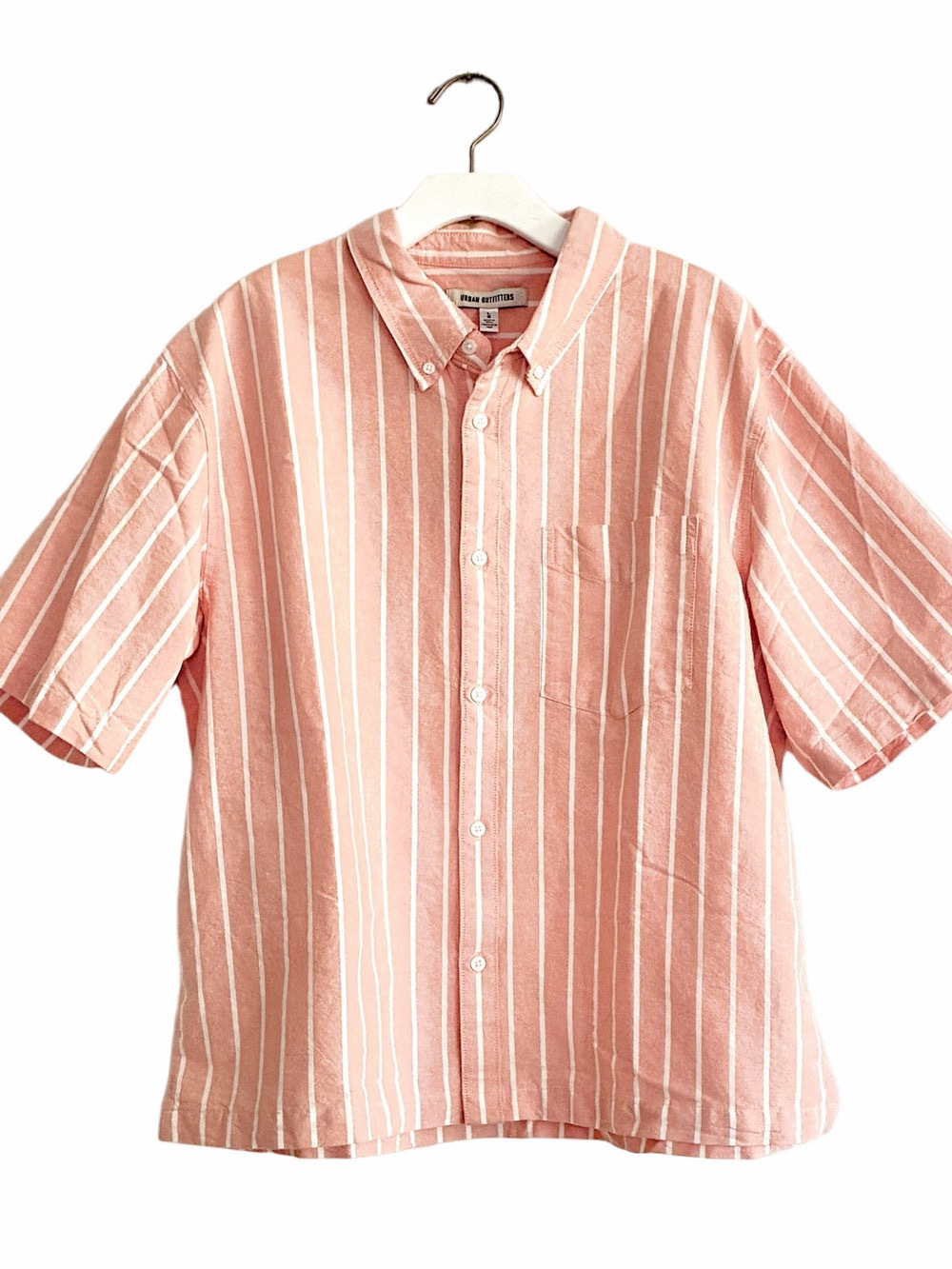 URBAN OUTFITTERS Men’s Peach & White Vertical Stripe Short-Sleeve Button-Up